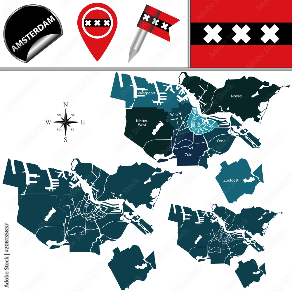 Obraz premium Mapa Amsterdamu, Holandia z nazwanymi gminami