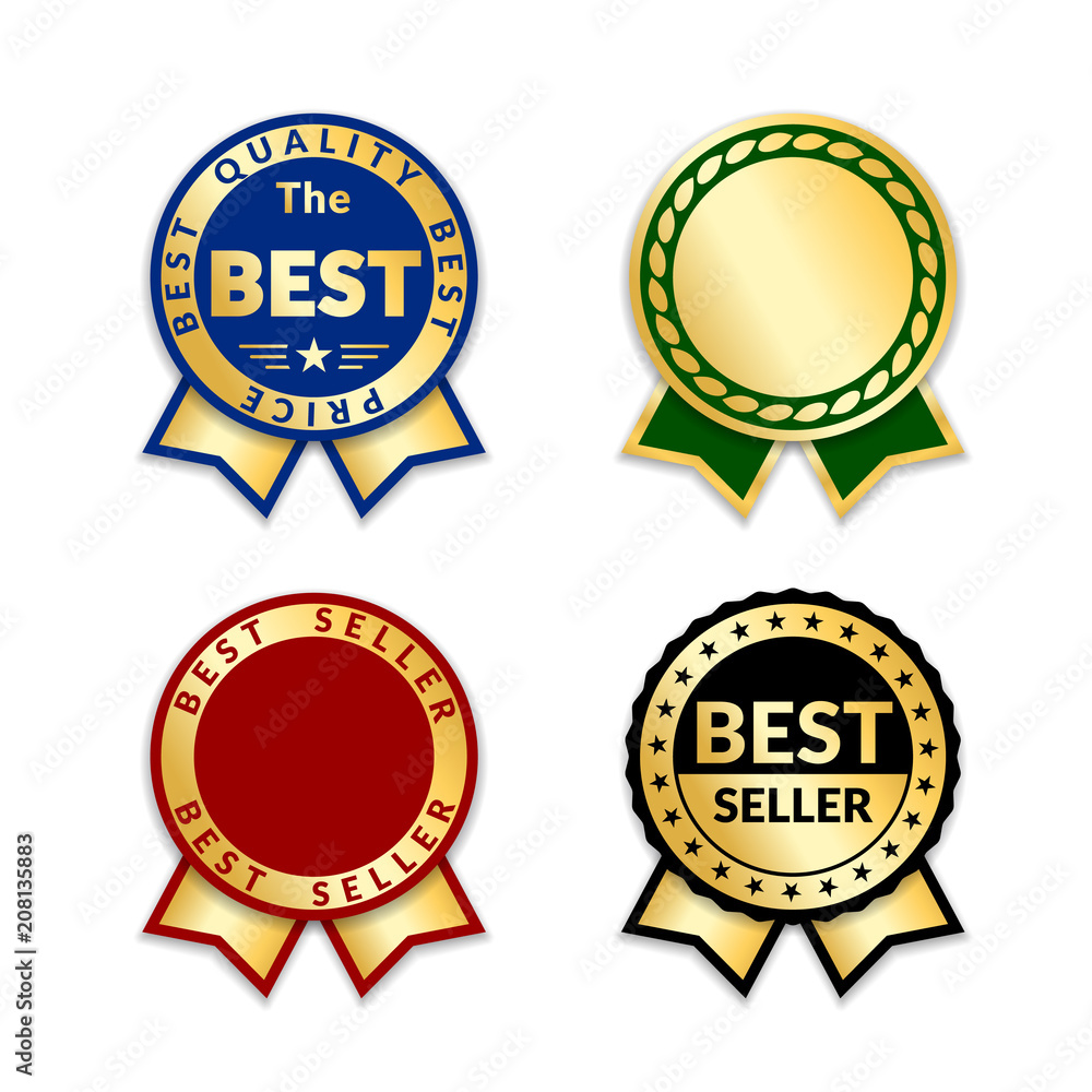 Ribbons award best seller set. Gold ribbon award icon isolated white background. Bestseller golden tag sale label, badge, medal, guarantee quality product, business certificate. Vector illustration
