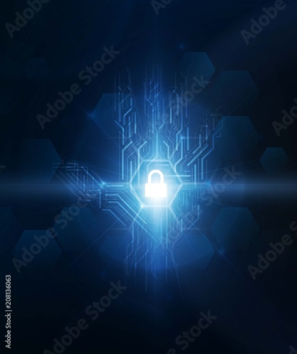 Security hand network background with sunrise. Vector illustration.