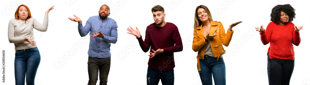 Group of cool people, woman and man doubt expression, confuse and wonder concept, uncertain future Group of cool people, woman and man doubt expression, confuse and wonder concept, uncertain future