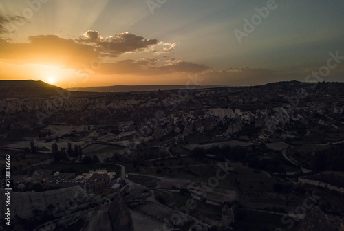 Sunrise in National park of Cappadocia. Aerial view