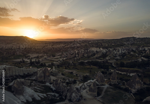 Sunrise in National park of Cappadocia. Aerial view