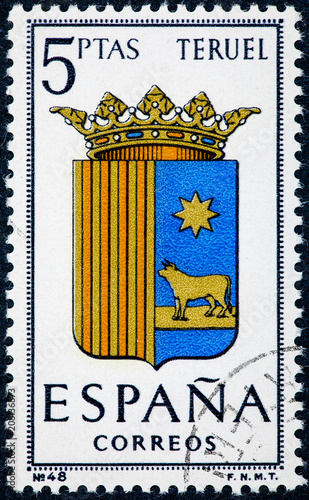 stamp printed in Spain dedicated to Arms of Provincial Capitals shows Teruel