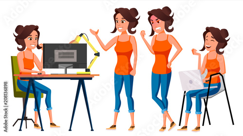 Office Worker Vector. Woman. Professional Officer, Clerk. Business Female. Lady Face Emotions, Various Gestures. Isolated Flat Character Illustration