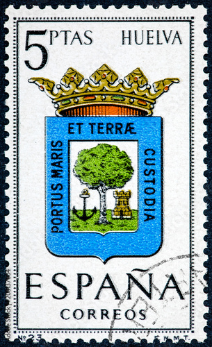 stamp printed in Spain dedicated to Arms of Provincial Capitals shows Huelva