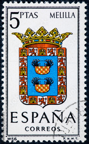 stamp printed in Spain dedicated to Arms of Provincial Capitals shows Melilla