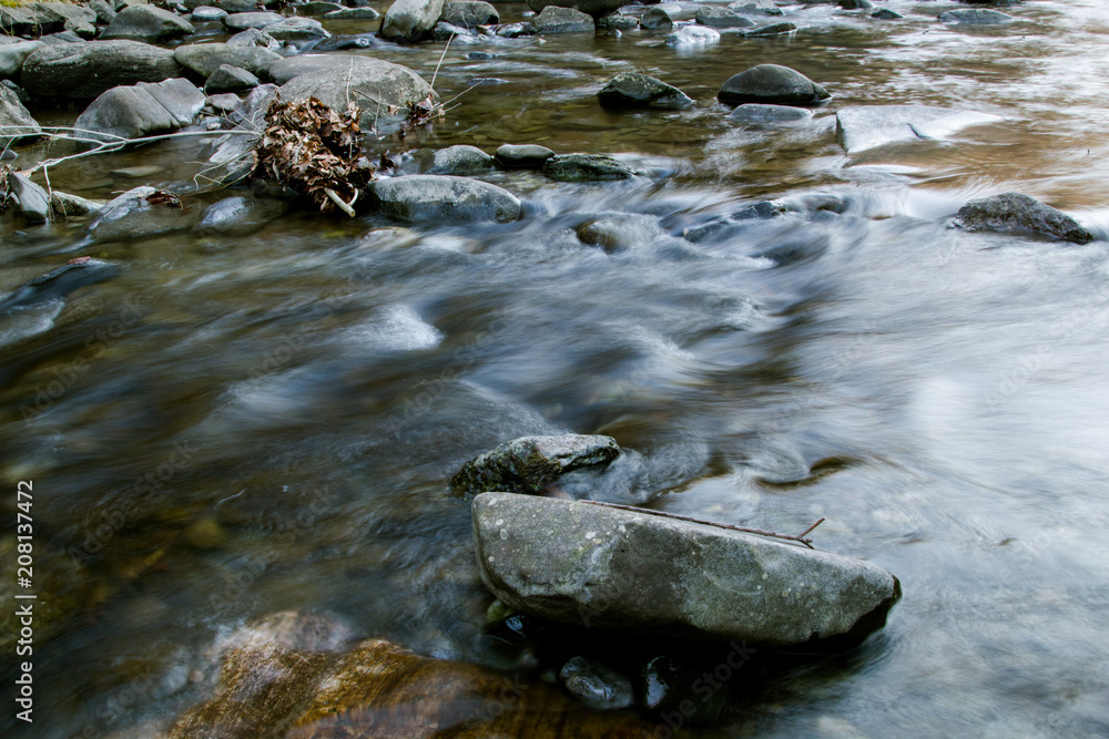 Running water, shallow river, stones