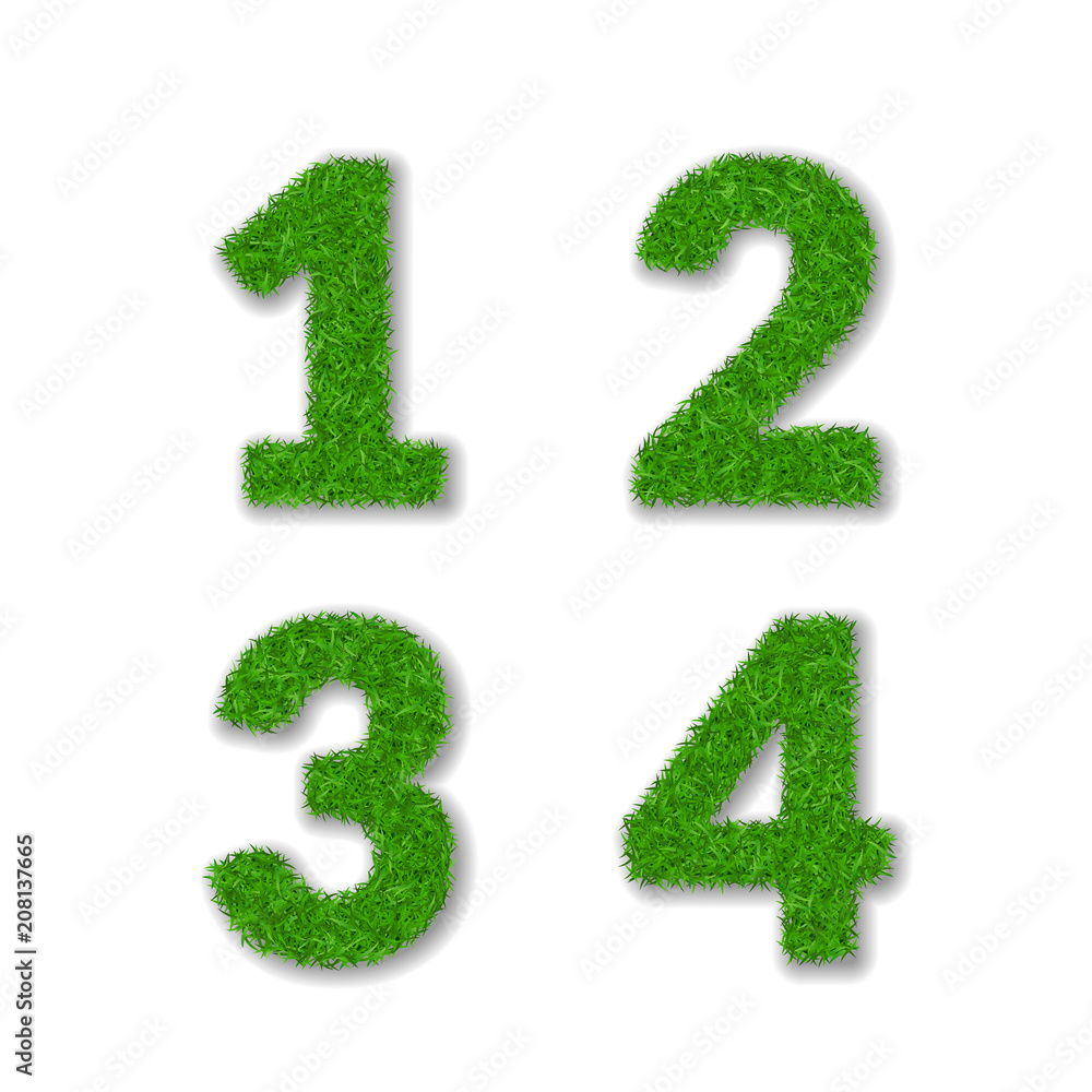 Grass numbers 1 2 3 4. Green numbers one, two, three, four isolated on white background. Green grass 3D, symbol of fresh nature, plant lawn, summer. Grass texture font. Eco design. Vector illustration Grass numbers 1 2 3 4. Green numbers one, two, three, four isolated on white background. Green grass 3D, symbol of fresh nature, plant lawn, summer. Grass texture font. Eco design. Vector illustration