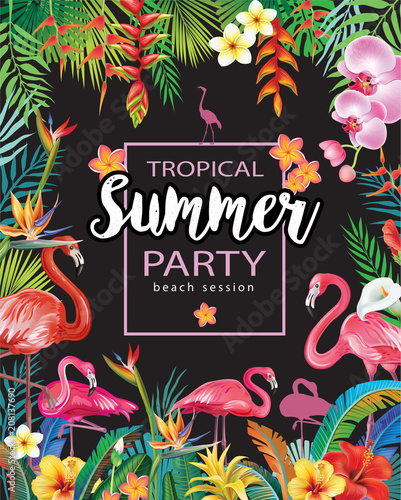 Summer Party Poster with Flamingoes and Tropical Flowers
