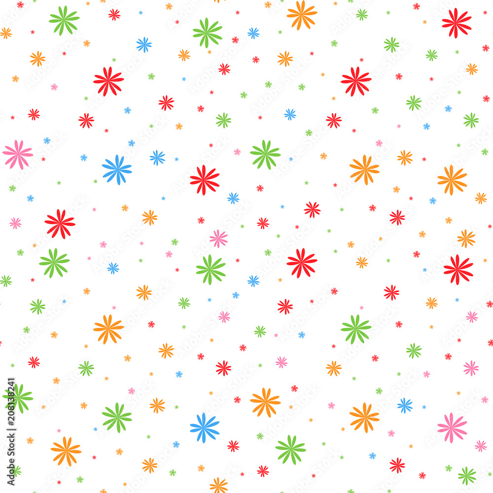 Colorful seamless pattern of falling snowflakes on a white background. Simple flat vector illustration. For the design of paper wallpaper, fabric, wrapping paper, covers, web sites.