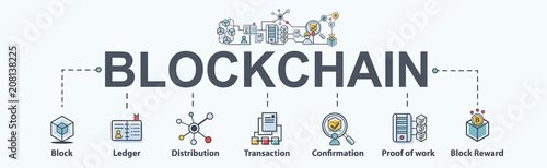 Blockchain banner web icon set. infographic icon, cryptocurrency, diagram, distribution, block, miner, Distribution, Ledger and Transaction. Modern flat vector.
