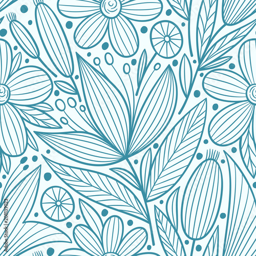 Decorative floral seamless pattern. Hand drawn colorful stylized doodle background. Botanical vector illustration