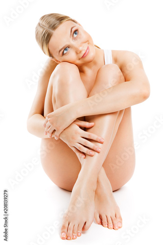 Body Skin Care Beauty, Slim Sensual Woman Sitting Isolated Over White Background, Perfect Smooth Legs Skin
