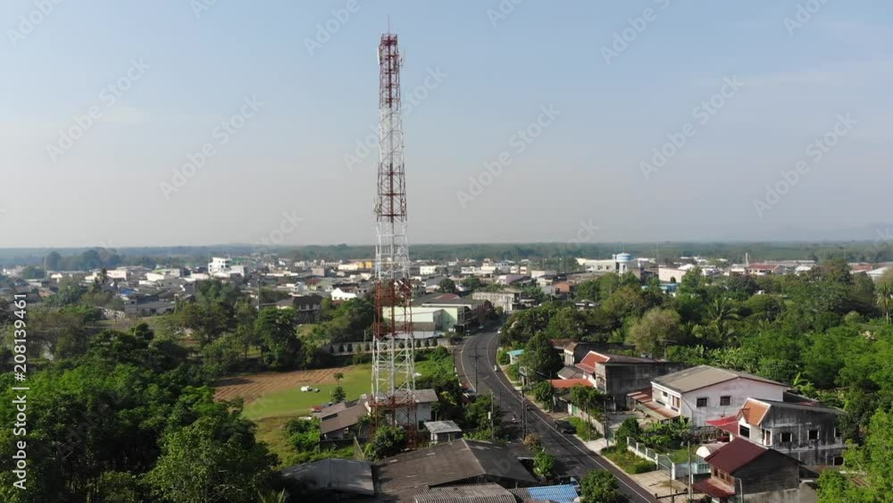 Aerial view of small town. Panning on right side