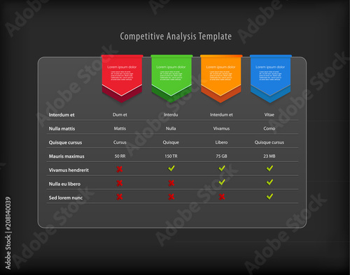 Competitive analysis vector template with colorful ribbons. Dark version