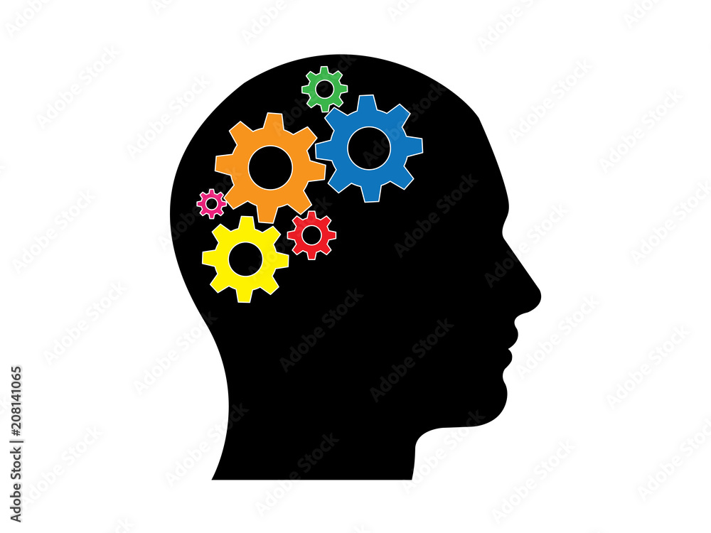 Head with colored gears, thinking illustration Head with colored gears, thinking illustration