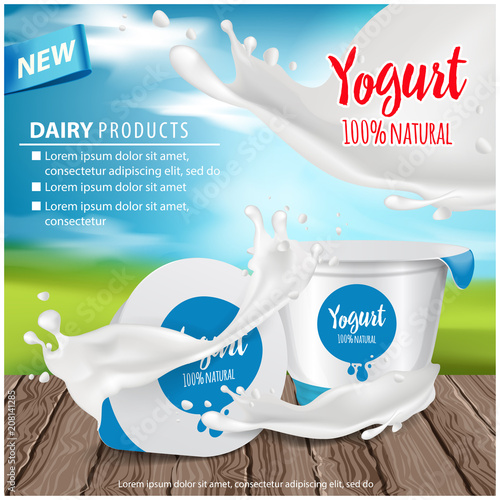 Yogurt ads, appetizing round white glossy plastic pot with yogurt splash , 3d vector illustration for web or magazine design