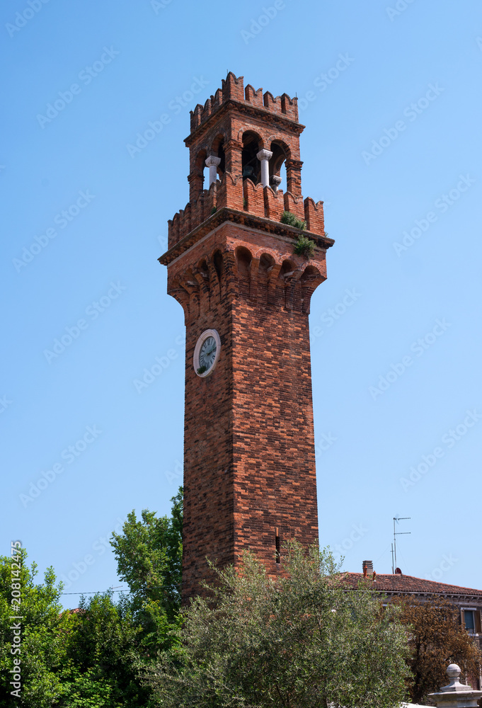 The medieval bell tower, or campanile, of San Stefano church, Murano, Venice