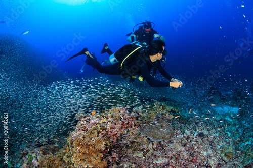 SCUBA diver swimming over a tropical coral reef