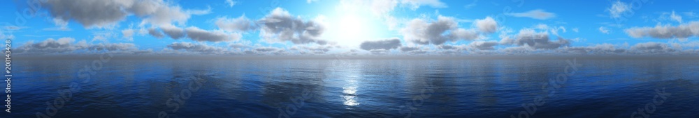 panorama of the sea landscape, sunset over the water, clouds in the sky above the ocean,
3D rendering
