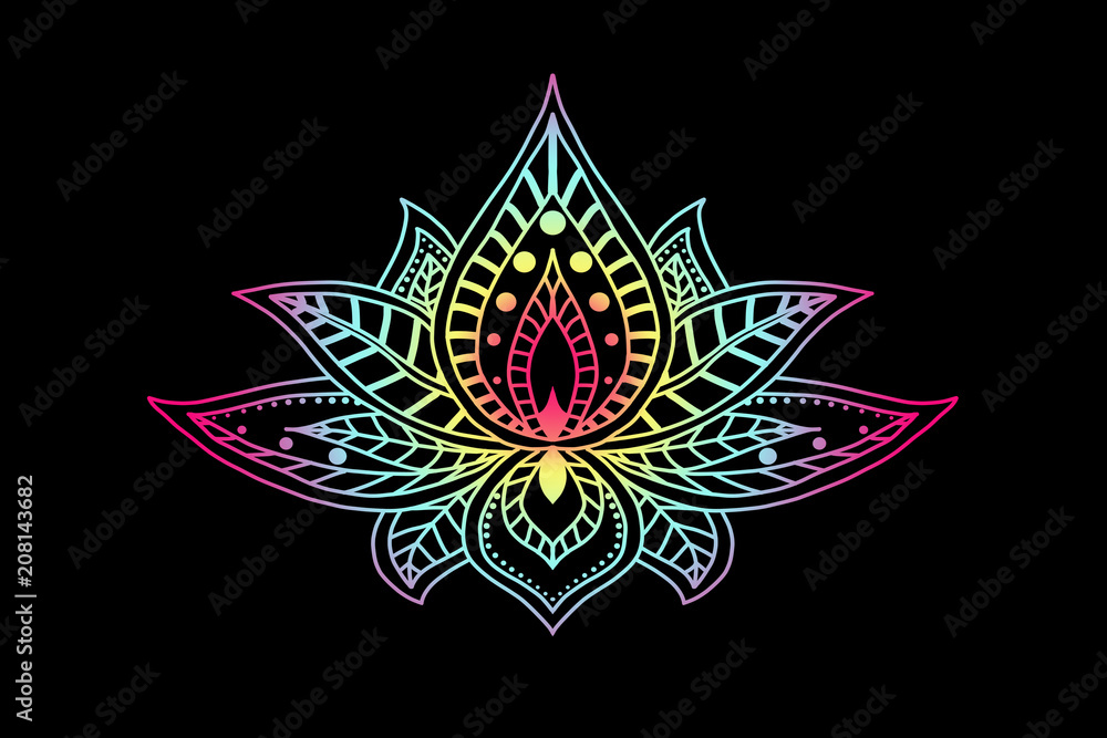 Naklejka premium Hand drawn rainbow lotus on the black background. Ethnic oriental ornament