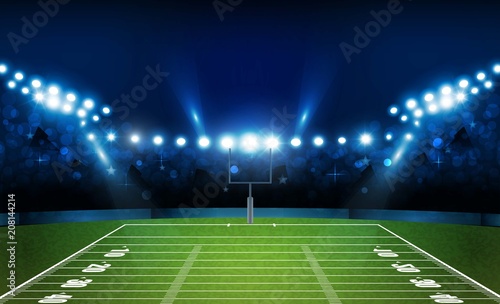 American football arena field with bright stadium lights design. Vector illumination