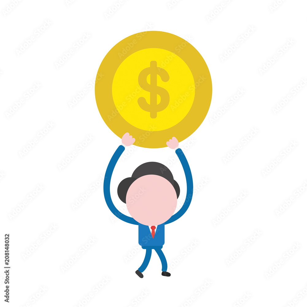 Vector illustration businessman character walking and holding up dollar money coin Vector illustration businessman character walking and holding up dollar money coin