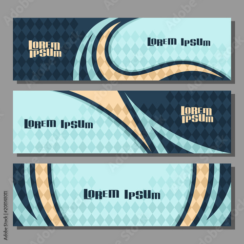 Vector horizontal futuristic Banners, 3 layouts for design web headers with rhombus abstract pattern and copy space for advertising text, mockup with blue background of bavarian flag for presentation