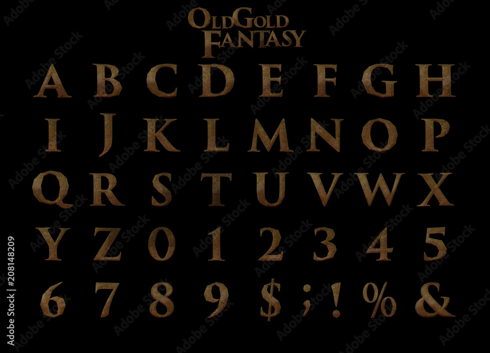 Old gold fantasy alphabet - 3D Illustration