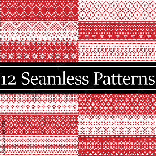 12 Nordic style vector patterns  inspired by Scandinavian Christmas, festive winter seamless pattern in cross stitch with heart, snowflake, Christmas tree, snow, decorative ornaments red, white 
