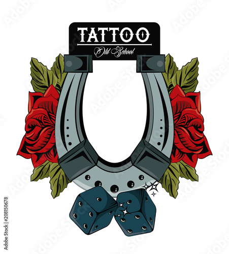 Fototapeta Naklejka Na Ścianę i Meble -  Old school tattoo with horseshoe drawing design vector illustration graphic