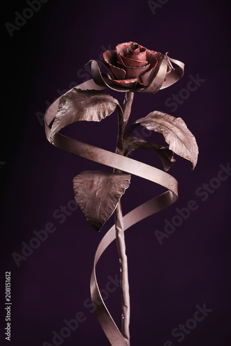 Εκτύπωση καμβά The pastel color rose with a tape  made of metal, on a dark-violet background