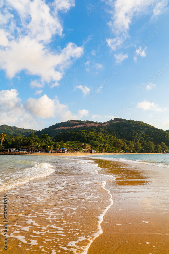 Sandy tropical beach during a sunny day with small waves and jungle forest and the background, Mae Haad Beach, Koh Phangan, Thailand Sandy tropical beach during a sunny day with small waves and jungle forest and the background, Mae Haad Beach, Koh Phangan, Thailand