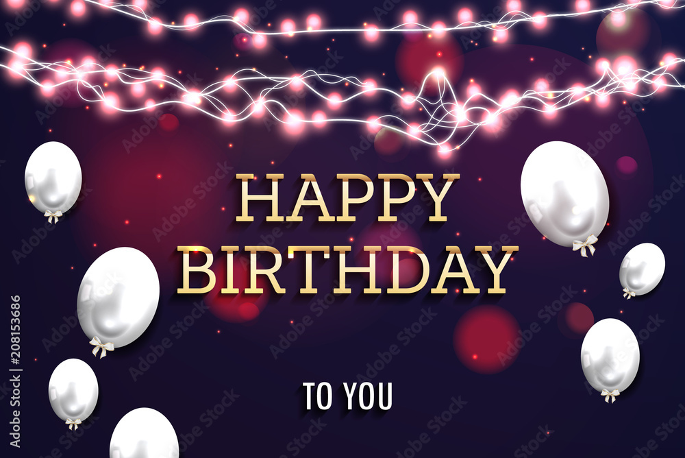 Happy Birthday Greeting Card with balloons on abstract background with light effect and bokeh.