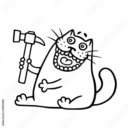 Funny cat and hammer. Vector illustration