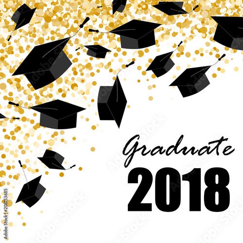 Graduate caps on the gold confetti background