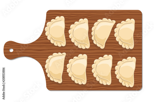 Dumplings (pierogi, varenyky, pelmeni, ravioli) on a wooden cutting board isolated on background. Polish cuisine. Eastern european cuisine. Vector hand drawn illustration.