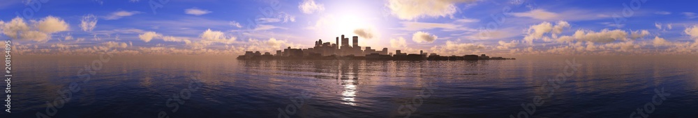 panorama of a sunset over a sea city, a city at sunset over the sea,
3D rendering
