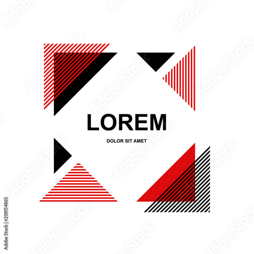 Abstract art square background with rhombus label frame and triangles shapes geometric pattern. Banner in white, black and red colors. Template of design cover, poster in minimal style. Vector 