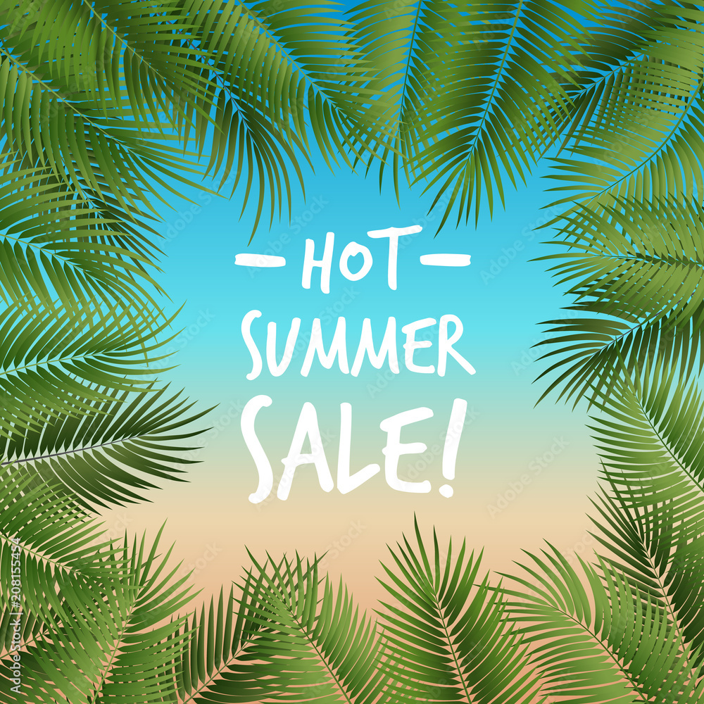 Obraz premium Vector summer poster framed with green palm leaves on beach colored background.
