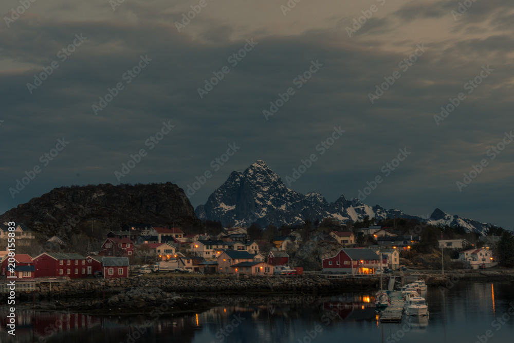 The fishing harbor of Kabelvag at Lofoten Islands / Norway at sunset