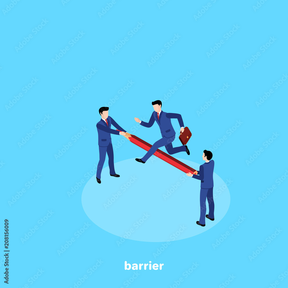 Fototapeta premium a man in a business suit jumps over a pencil that is held by other people, an isometric image