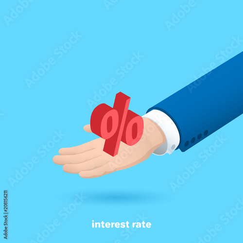 percent icon on a man's hand in a business suit, isometric image