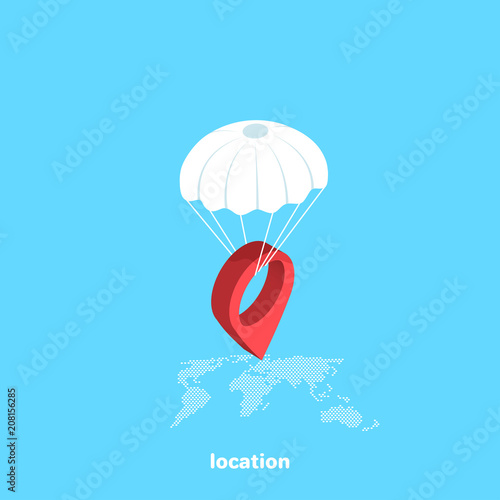 red locus icon descends on a parachute on a map of the globe, isometric image