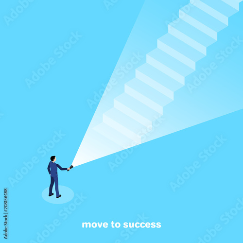 a man in a business suit shines a flashlight on the steps leading to the top, an isometric image