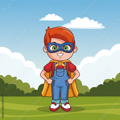 Cute boy with superhero costume cartoon vector illustration graphic design