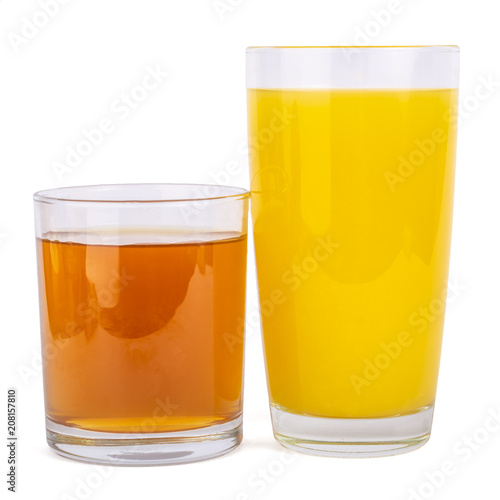 Two glasses of fresh orange and apple juice isolate