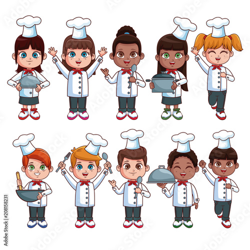 Cute chef kids cartoons over white background vector illustration graphic design