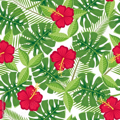 seamless tropical leaves and flowers - monstera and hibiscus on a white background