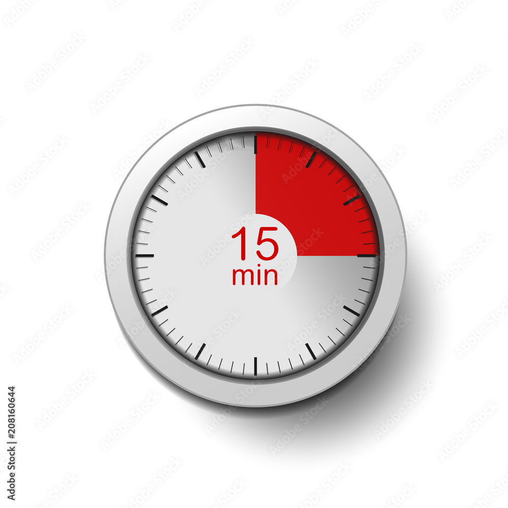 Time interval of 15 minutes, isolated on a white background, with good detail in the form of shadows and a time interval (red color) vector illustration. 15-minute break, coffee break Time interval of 15 minutes, isolated on a white background, with good detail in the form of shadows and a time interval (red color) vector illustration. 15-minute break, coffee break